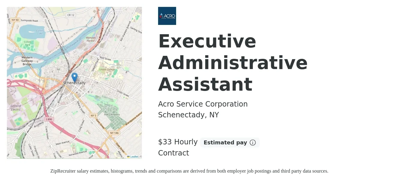 Acro Service Corporation job posting for a Executive Administrative Assistant in Schenectady, NY with a salary of $35 Hourly with a map of Schenectady location.