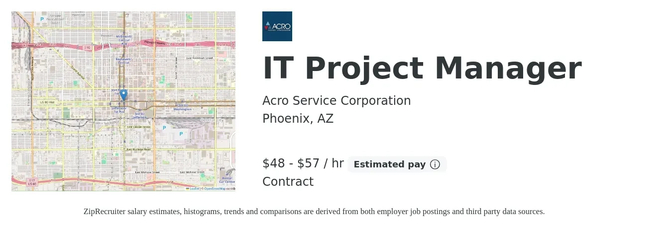 Acro Service Corporation job posting for a IT Project Manager in Phoenix, AZ with a salary of $50 to $60 Hourly with a map of Phoenix location.