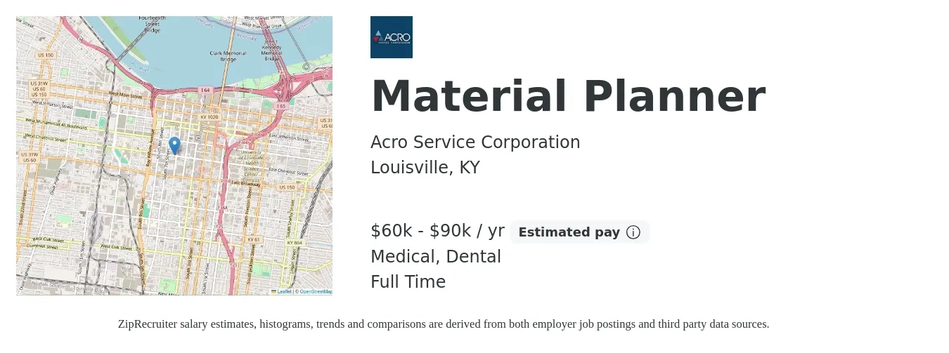 Acro Service Corporation job posting for a Material Planner in Louisville, KY with a salary of $60,000 to $90,000 Yearly and benefits including dental, life_insurance, medical, and pto with a map of Louisville location.