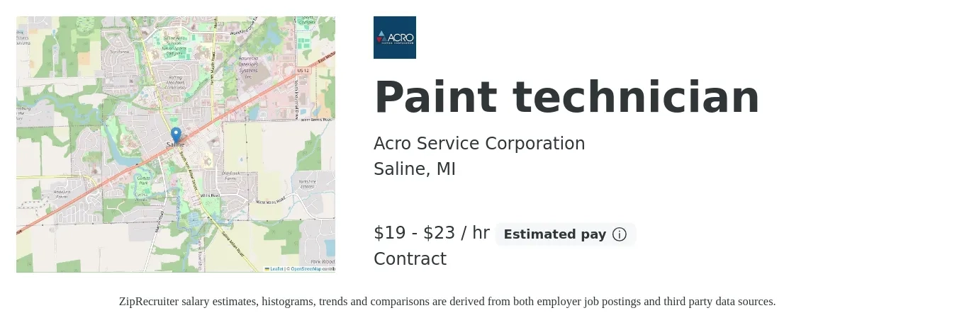 Acro Service Corporation job posting for a Paint technician in Saline, MI with a salary of $20 to $24 Hourly with a map of Saline location.