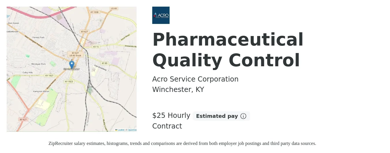 Acro Service Corporation job posting for a Pharmaceutical Quality Control in Winchester, KY with a salary of $26 Hourly with a map of Winchester location.