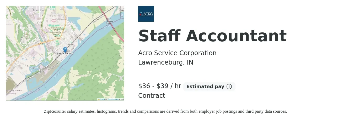 Acro Service Corporation job posting for a Staff Accountant in Lawrenceburg, IN with a salary of $38 to $41 Hourly with a map of Lawrenceburg location.
