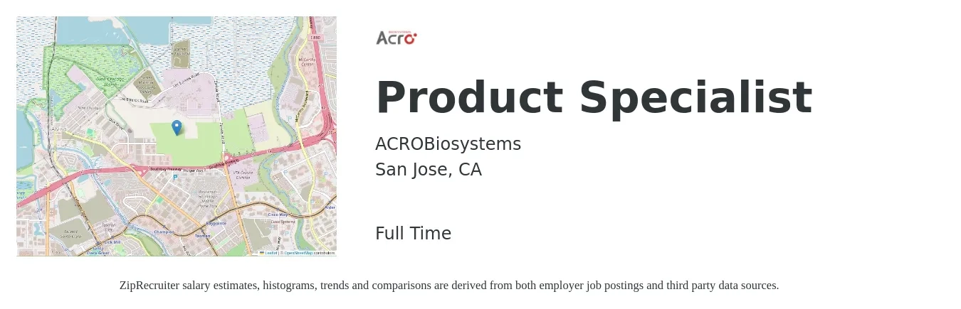 ACROBiosystems job posting for a Product Specialist in San Jose, CA with a salary of $70,000 to $90,000 Yearly with a map of San Jose location.