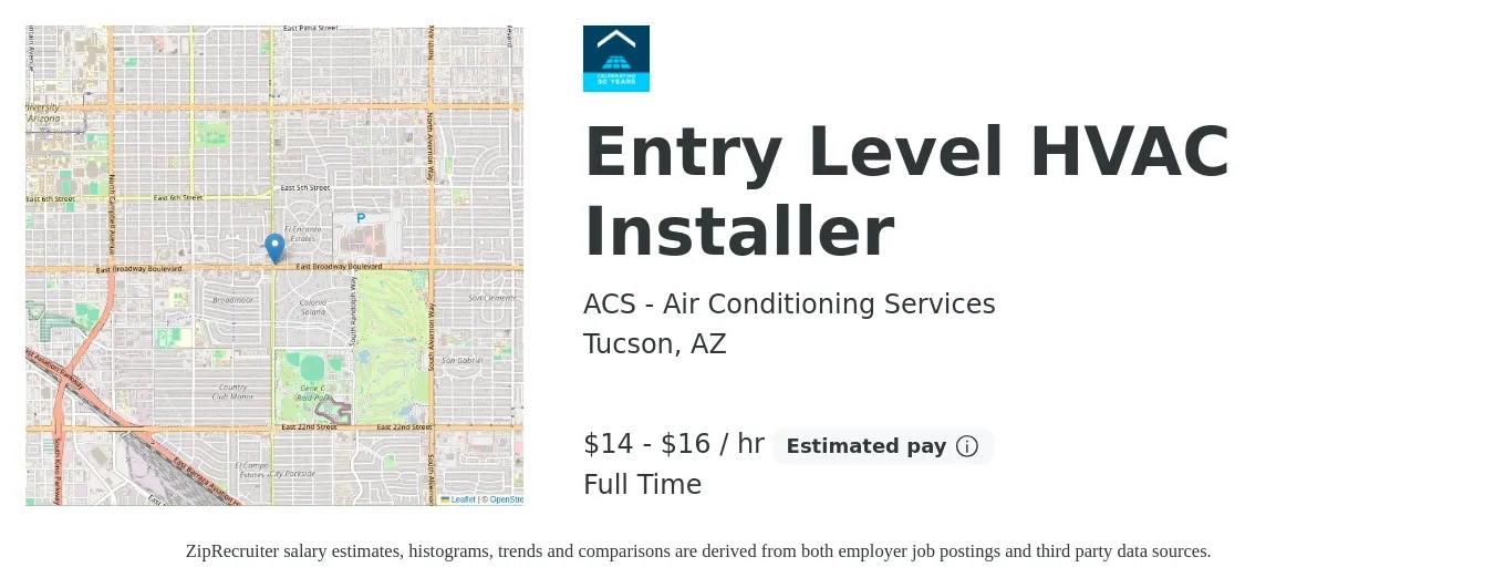 ACS - Air Conditioning Services job posting for a Entry Level HVAC Installer in Tucson, AZ with a salary of $15 to $18 Hourly with a map of Tucson location.