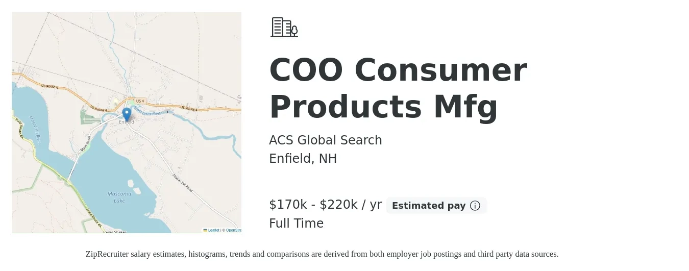 ACS Global Search job posting for a COO Consumer Products Mfg in Enfield, NH with a salary of $170,000 to $220,000 Yearly with a map of Enfield location.