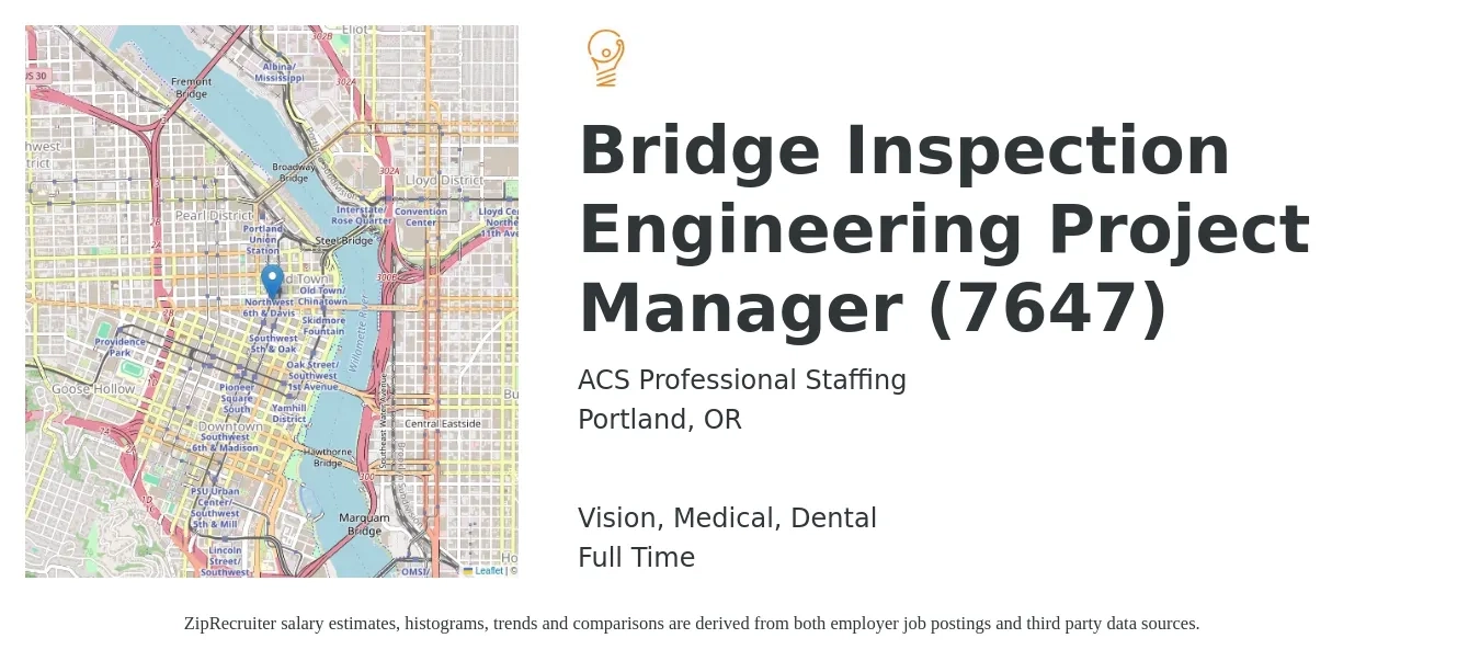 ACS Professional Staffing job posting for a Bridge Inspection Engineering Project Manager (7647) in Portland, OR with a salary of $96,000 to $138,400 Yearly and benefits including dental, life_insurance, medical, retirement, and vision with a map of Portland location.