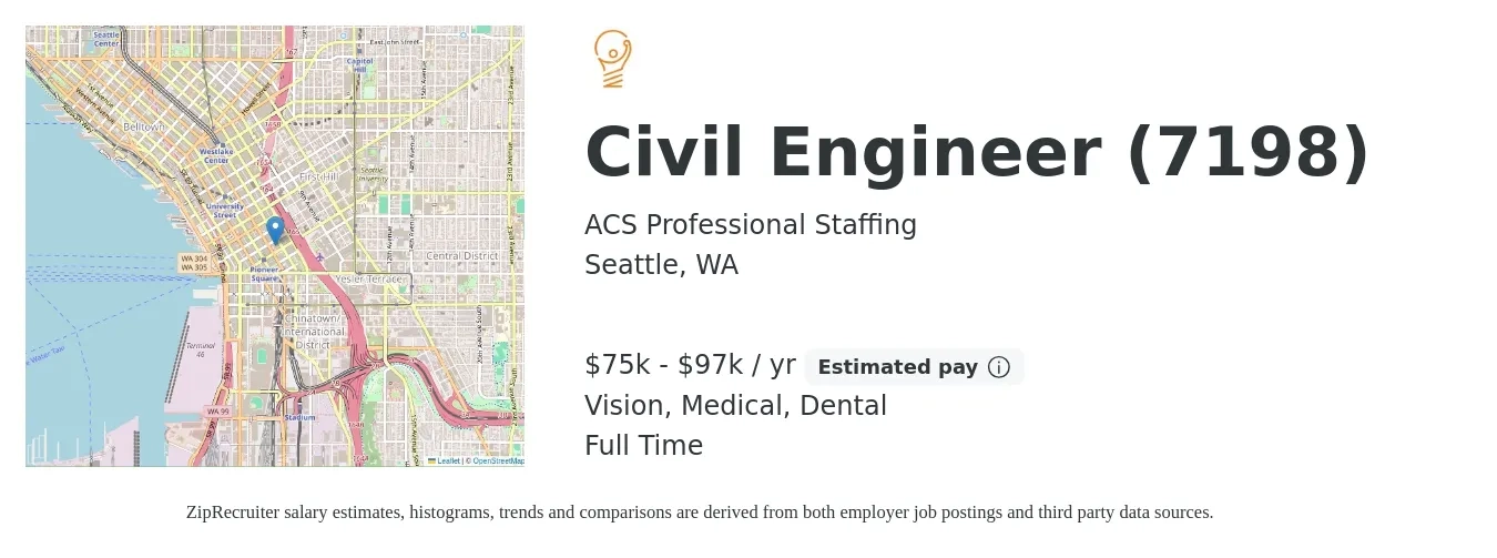 ACS Professional Staffing job posting for a Civil Engineer (7198) in Seattle, WA with a salary of $75,000 to $97,000 Yearly and benefits including dental, life_insurance, medical, retirement, and vision with a map of Seattle location.