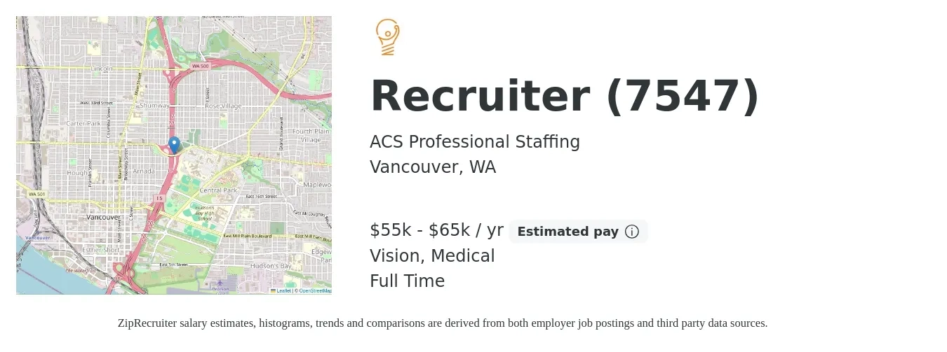 ACS Professional Staffing job posting for a Recruiter (7547) in Vancouver, WA with a salary of $55,000 to $65,000 Yearly and benefits including life_insurance, medical, retirement, and vision with a map of Vancouver location.