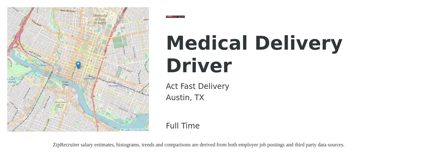 Act Fast Delivery job posting for a Medical Delivery Driver in Austin, TX with a salary of $1,500 to $3,500 Monthly with a map of Austin location.