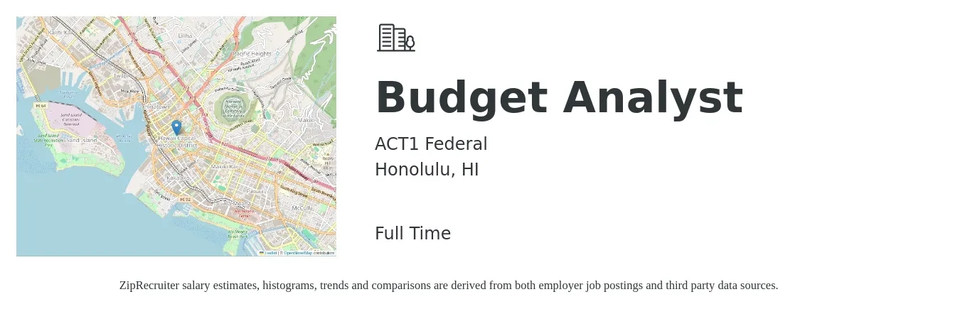 ACT1 Federal job posting for a Budget Analyst in Honolulu, HI with a salary of $80,000 to $95,000 Yearly with a map of Honolulu location.