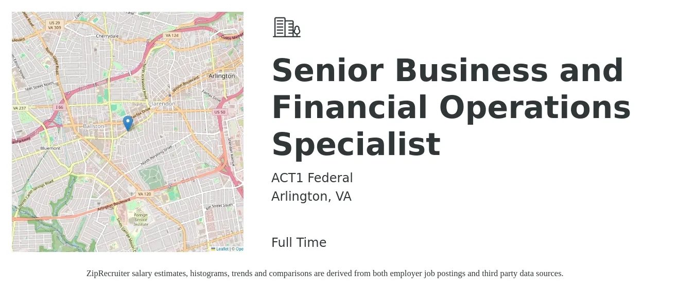 ACT1 Federal job posting for a Senior Business and Financial Operations Specialist in Arlington, VA with a salary of $59,200 to $88,600 Yearly with a map of Arlington location.