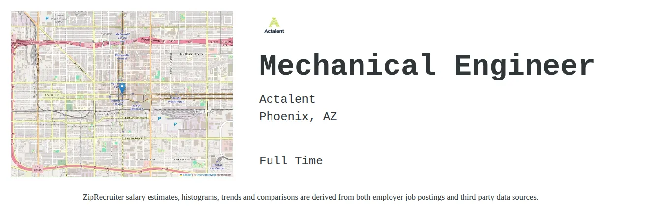 Actalent job posting for a Mechanical Engineer in Phoenix, AZ with a salary of $80,900 to $125,600 Annually and benefits including Medical, Vision, Dental, PTO, Life, and Retirement with a map of Phoenix location.