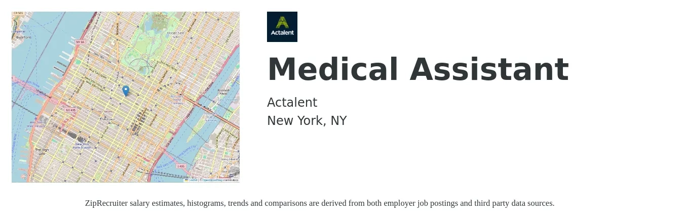 Actalent job posting for a Medical Assistant in New York, NY with a salary of $20 to $25 Hourly with a map of New York location.