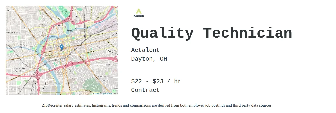 Actalent job posting for a Quality Technician in Dayton, OH with a salary of $23 to $25 Hourly and benefits including Medical, Vision, Dental, PTO, Life, and Retirement with a map of Dayton location.