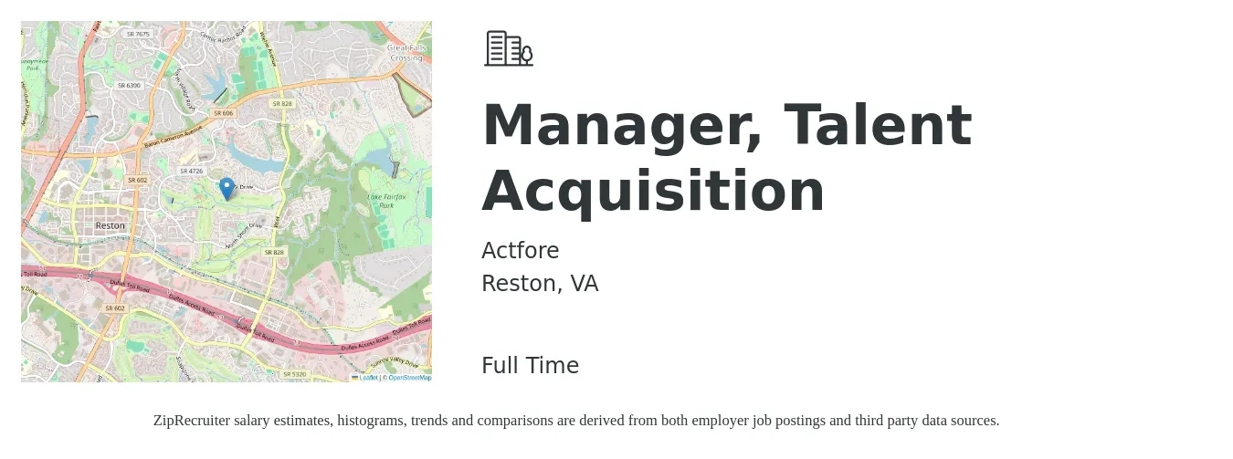 Actfore job posting for a Manager, Talent Acquisition in Reston, VA with a salary of $73,400 to $105,700 Yearly with a map of Reston location.
