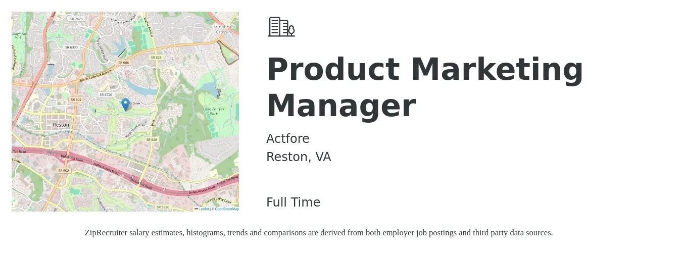 Actfore job posting for a Product Marketing Manager in Reston, VA with a salary of $162,800 Yearly with a map of Reston location.