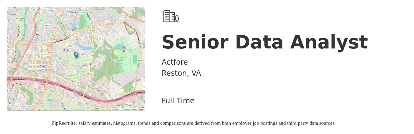Actfore job posting for a Senior Data Analyst in Reston, VA with a salary of $90,900 to $114,700 Yearly with a map of Reston location.