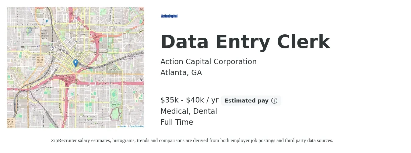 Action Capital Corporation job posting for a Data Entry Clerk in Atlanta, GA with a salary of $35,000 to $40,000 Yearly and benefits including retirement, dental, medical, and pto with a map of Atlanta location.