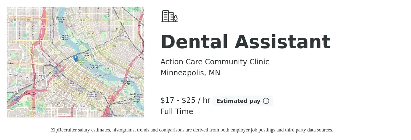 Action Care Community Clinic job posting for a Dental Assistant in Minneapolis, MN with a salary of $18 to $26 Hourly with a map of Minneapolis location.