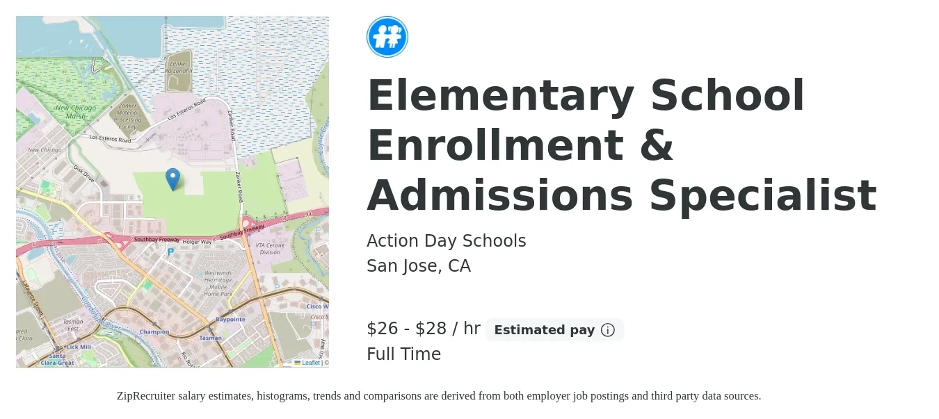 Action Day Schools job posting for a Elementary School Enrollment & Admissions Specialist in San Jose, CA with a salary of $28 to $30 Hourly with a map of San Jose location.