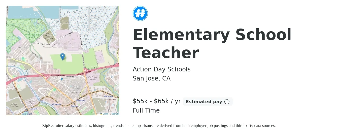 Action Day Schools job posting for a Elementary School Teacher in San Jose, CA with a salary of $55,000 to $65,000 Yearly with a map of San Jose location.