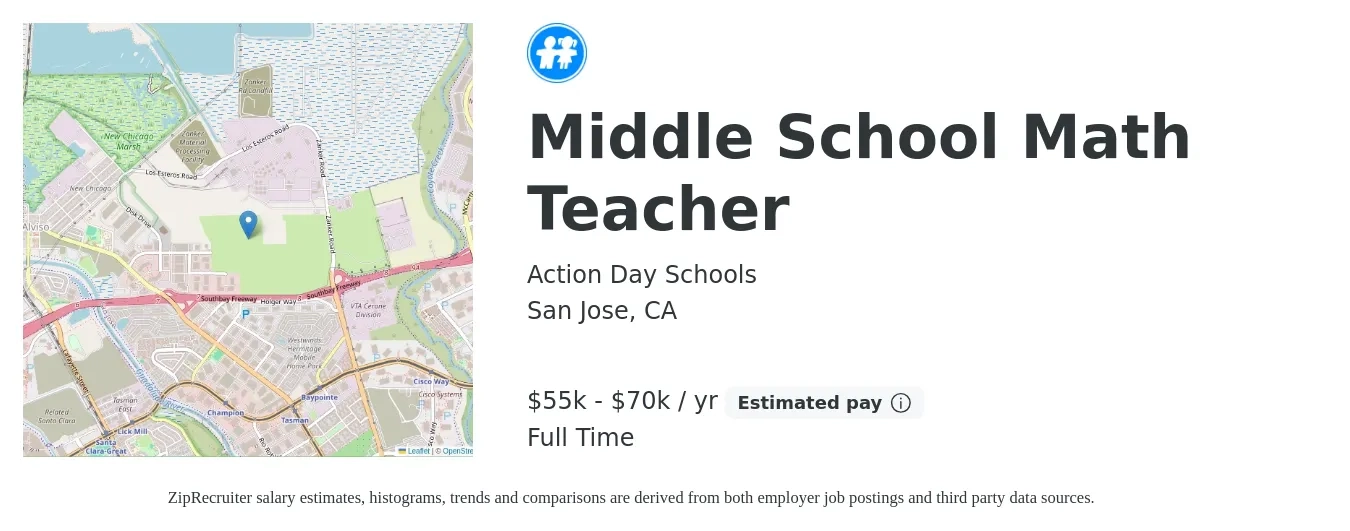 Action Day Schools job posting for a Middle School Math Teacher in San Jose, CA with a salary of $55,000 to $70,000 Yearly with a map of San Jose location.
