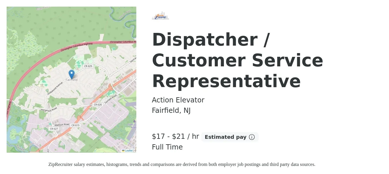 Action Elevator job posting for a Dispatcher / Customer Service Representative in Fairfield, NJ with a salary of $18 to $22 Hourly with a map of Fairfield location.