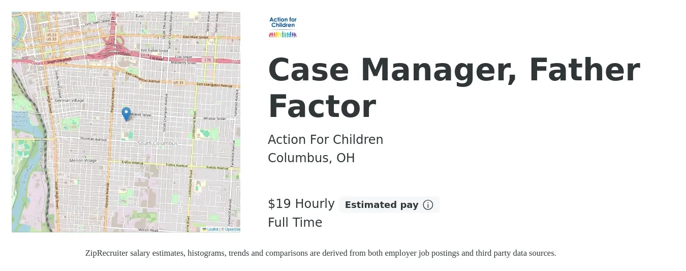 Action For Children job posting for a Case Manager, Father Factor in Columbus, OH with a salary of $20 to $20 Hourly with a map of Columbus location.