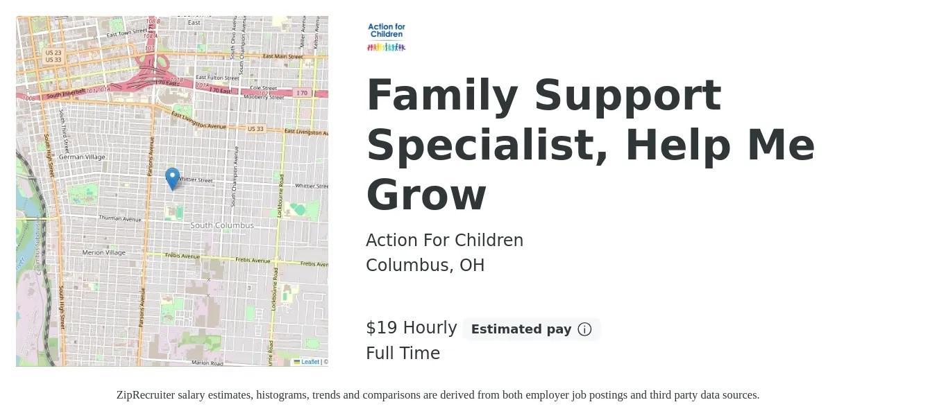 Action For Children job posting for a Family Support Specialist, Help Me Grow in Columbus, OH with a salary of $18 to $23 Hourly with a map of Columbus location.