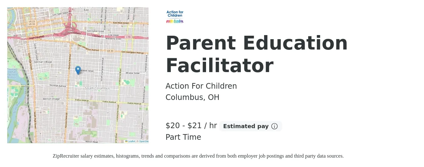 Action For Children job posting for a Parent Education Facilitator in Columbus, OH with a salary of $21 to $22 Hourly with a map of Columbus location.