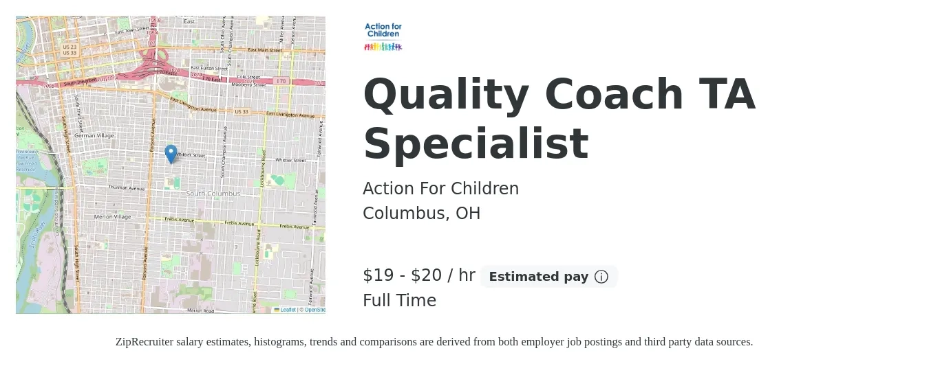 Action For Children job posting for a Quality Coach TA Specialist in Columbus, OH with a salary of $20 to $21 Hourly with a map of Columbus location.