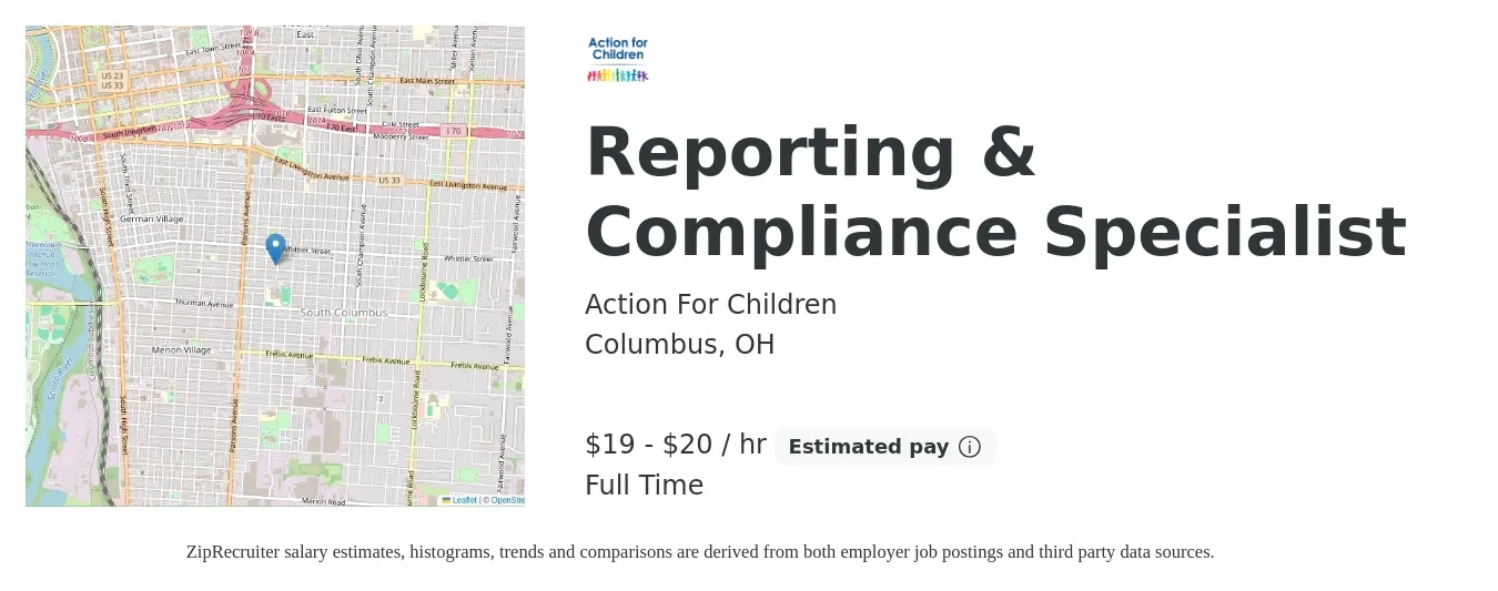 Action For Children job posting for a Reporting & Compliance Specialist in Columbus, OH with a salary of $20 to $21 Hourly with a map of Columbus location.