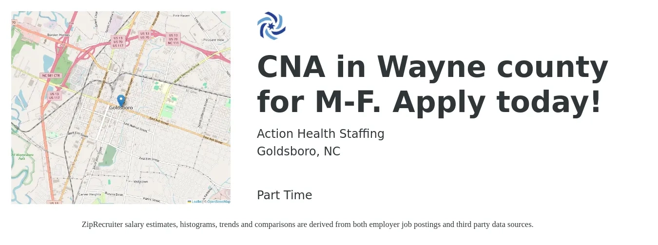 Action Health Staffing job posting for a CNA in Wayne county for M-F. Apply today! in Goldsboro, NC with a salary of $15 to $21 Hourly with a map of Goldsboro location.