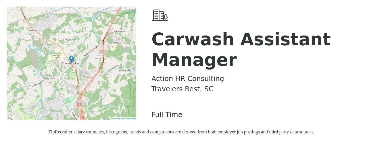 Action HR Consulting job posting for a Carwash Assistant Manager in Travelers Rest, SC with a salary of $16 Hourly with a map of Travelers Rest location.