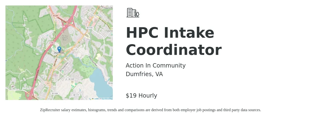 Action In Community job posting for a HPC Intake Coordinator in Dumfries, VA with a salary of $20 Hourly with a map of Dumfries location.