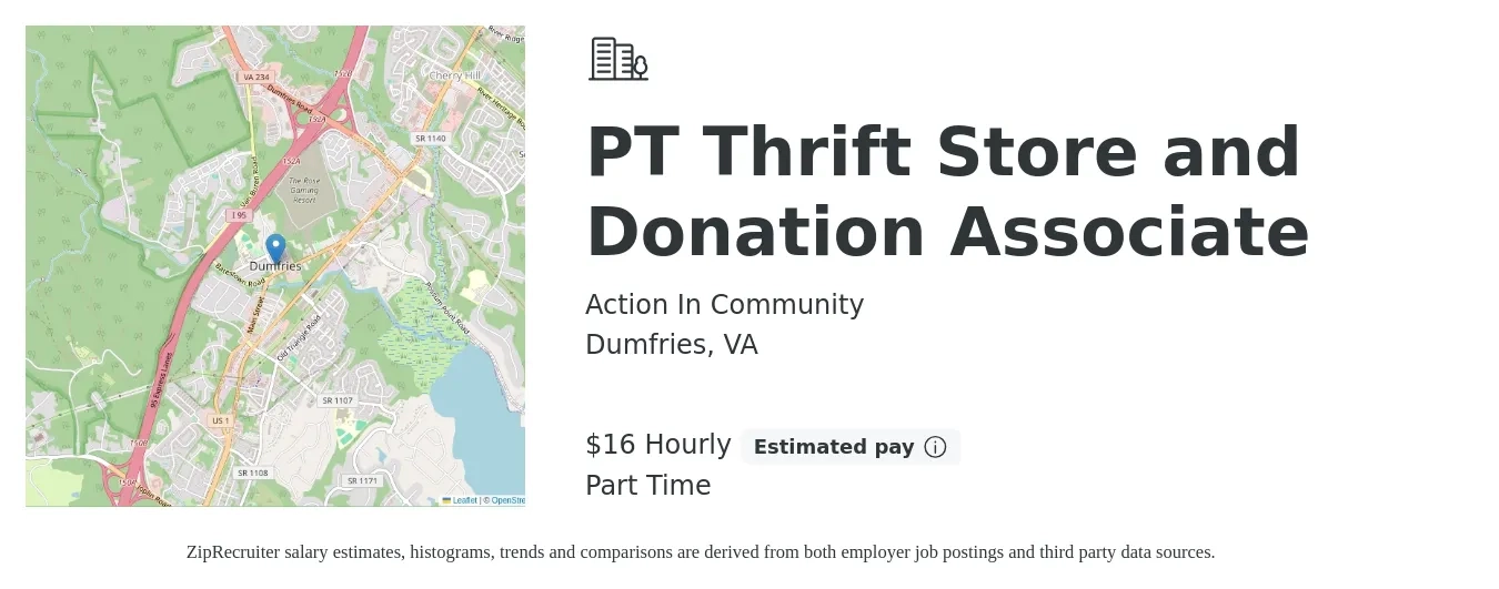 Action In Community job posting for a PT Thrift Store and Donation Associate in Dumfries, VA with a salary of $17 to $17 Hourly with a map of Dumfries location.