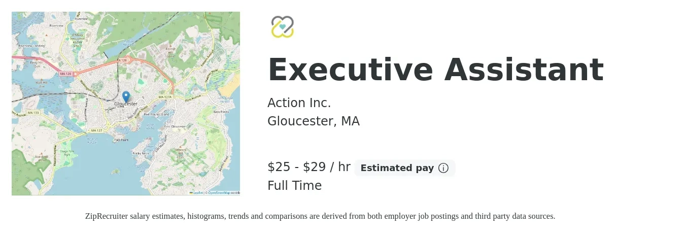 Action Inc. job posting for a Executive Assistant in Gloucester, MA with a salary of $26 to $31 Hourly with a map of Gloucester location.