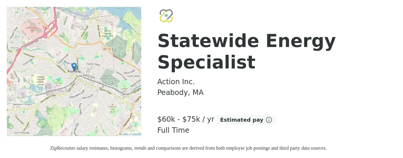 Action Inc. job posting for a Statewide Energy Specialist in Peabody, MA with a salary of $60,000 to $75,000 Yearly with a map of Peabody location.
