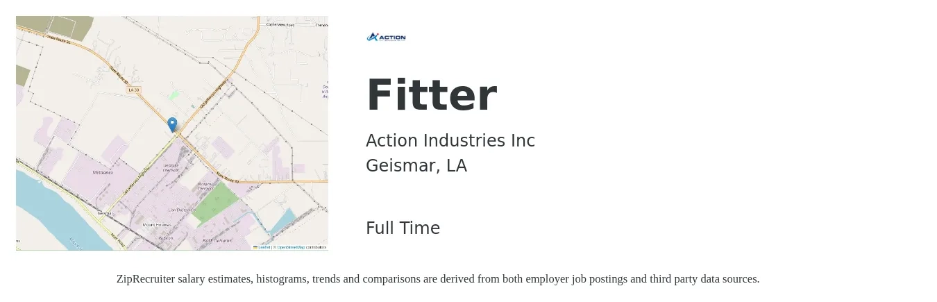 Action Industries Inc job posting for a Fitter in Geismar, LA with a salary of $21 to $29 Hourly with a map of Geismar location.