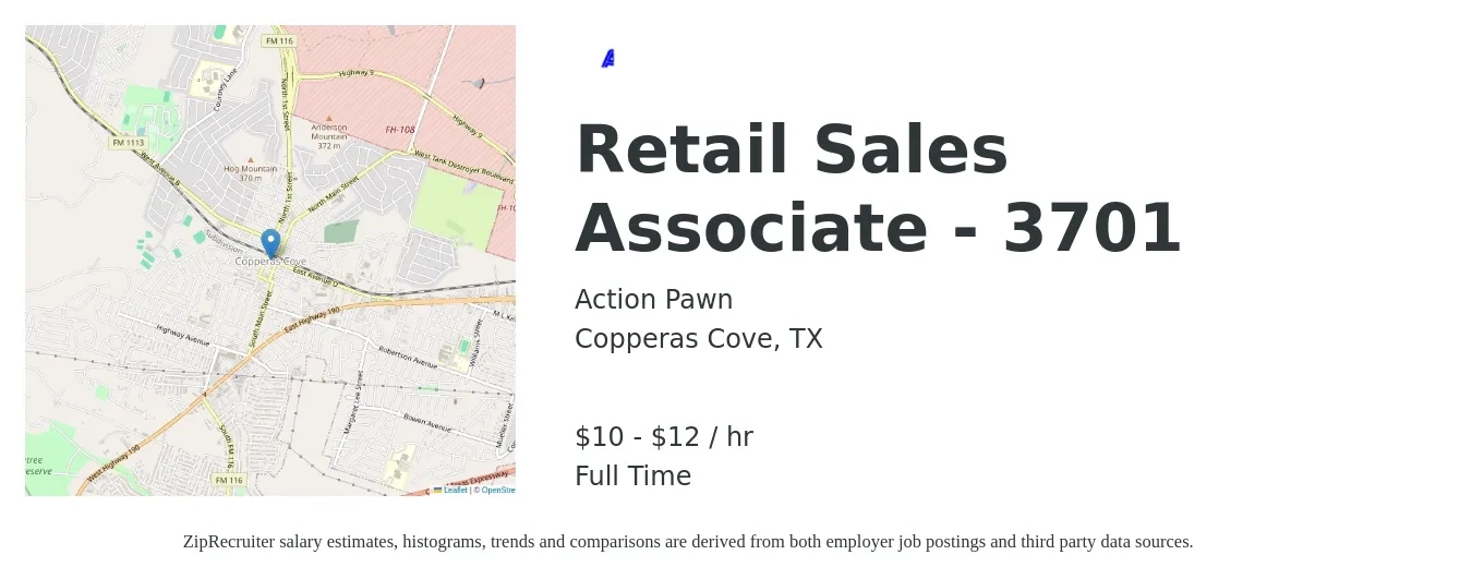 Action Pawn job posting for a Retail Sales Associate - 3701 in Copperas Cove, TX with a salary of $11 to $12 Hourly with a map of Copperas Cove location.