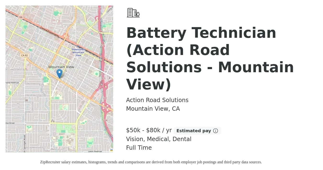 Action Road Solutions job posting for a Battery Technician (Action Road Solutions - Mountain View) in Mountain View, CA with a salary of $50,000 to $80,000 Yearly and benefits including medical, vision, and dental with a map of Mountain View location.