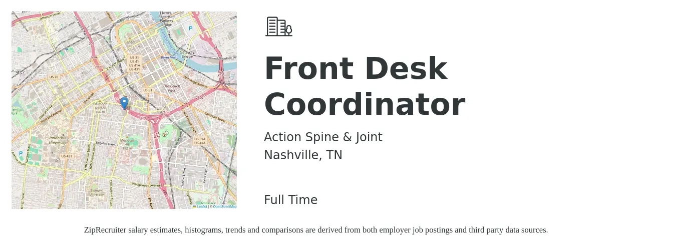 Action Spine & Joint job posting for a Front Desk Coordinator in Nashville, TN with a salary of $16 to $20 Hourly with a map of Nashville location.