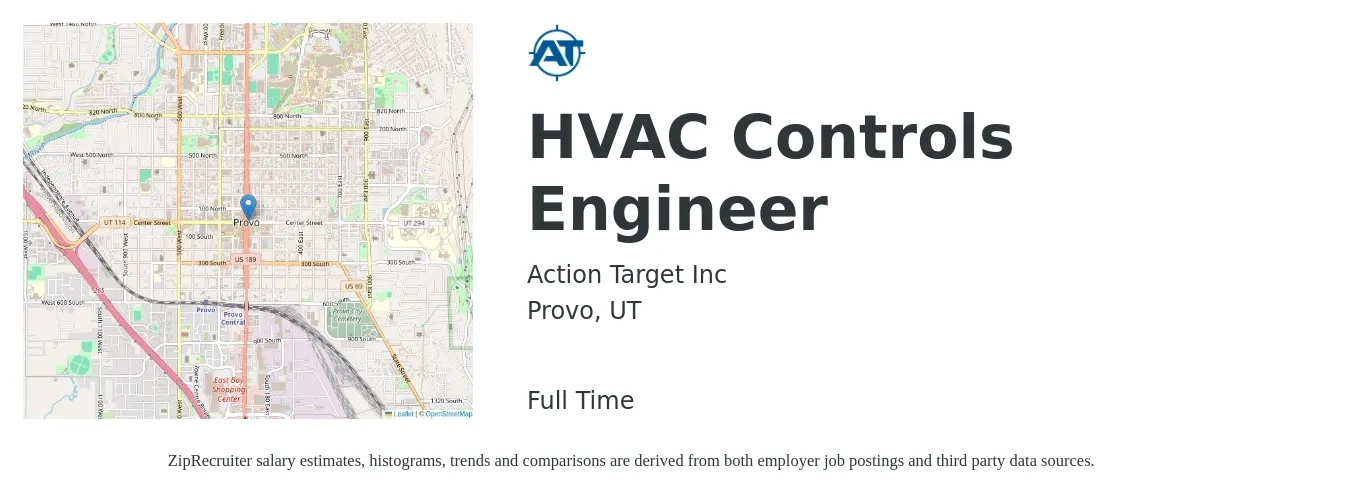 Action Target Inc job posting for a HVAC Controls Engineer in Provo, UT with a salary of $79,200 to $102,400 Yearly with a map of Provo location.