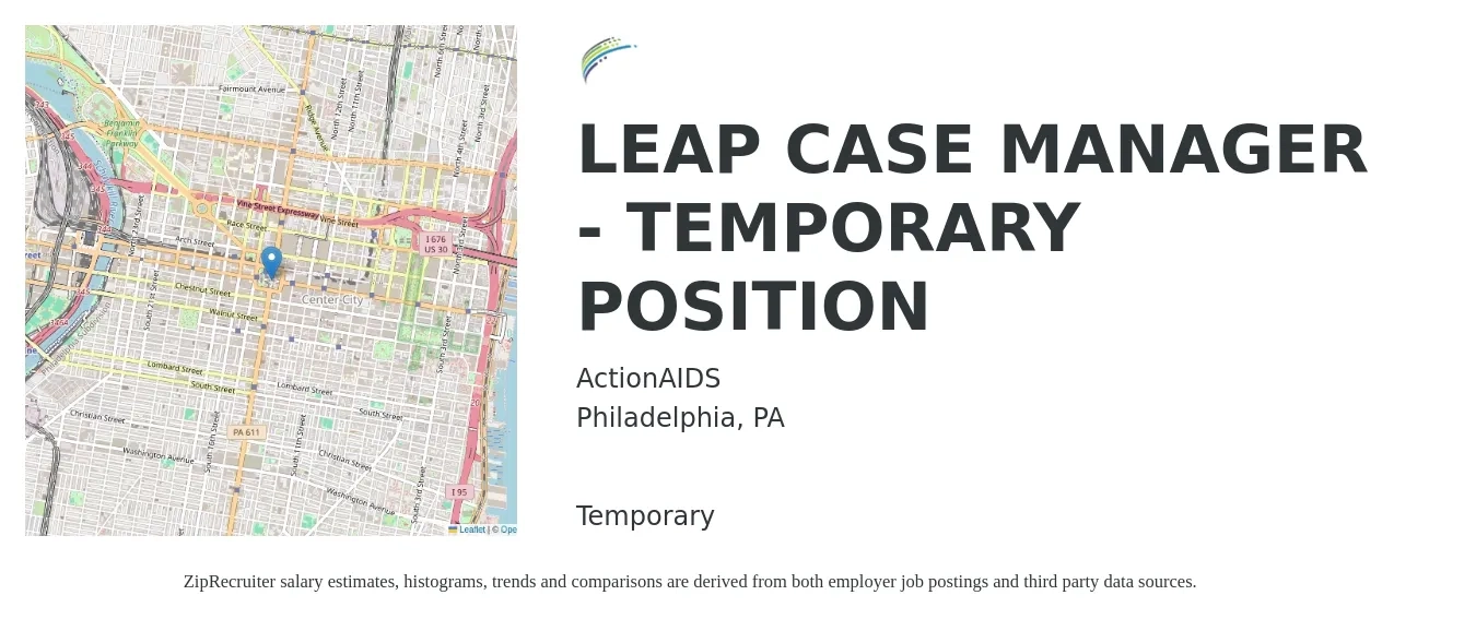 ActionAIDS job posting for a LEAP CASE MANAGER - TEMPORARY POSITION in Philadelphia, PA with a salary of $21 to $27 Hourly with a map of Philadelphia location.