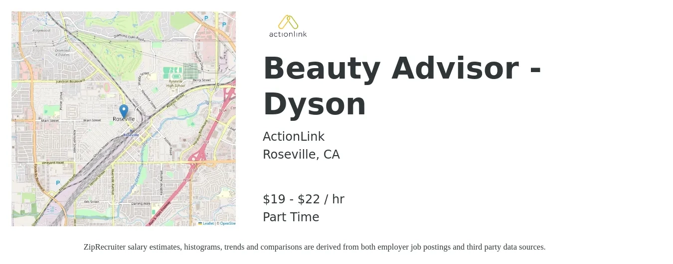 ActionLink job posting for a Beauty Advisor - Dyson in Roseville, CA with a salary of $20 to $23 Hourly with a map of Roseville location.