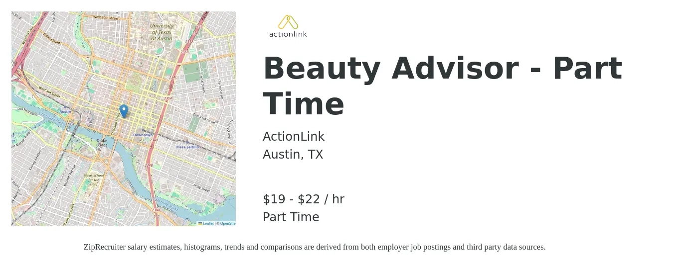 ActionLink job posting for a Beauty Advisor - Part Time in Austin, TX with a salary of $20 to $23 Hourly with a map of Austin location.