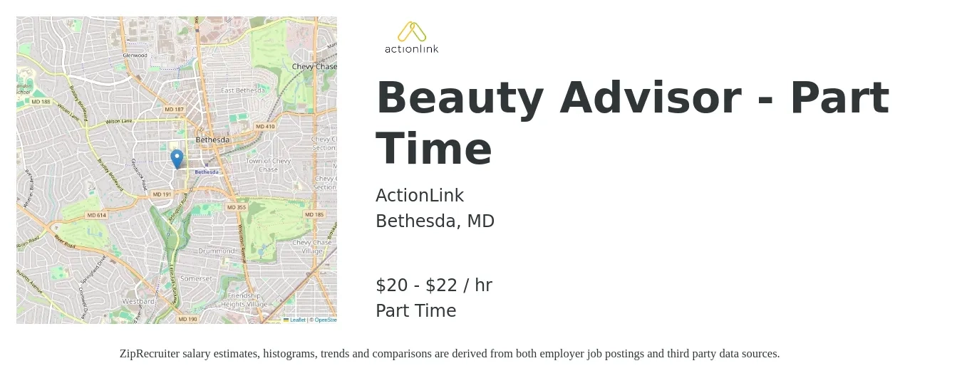 ActionLink job posting for a Beauty Advisor - Part Time in Bethesda, MD with a salary of $20 to $23 Hourly with a map of Bethesda location.