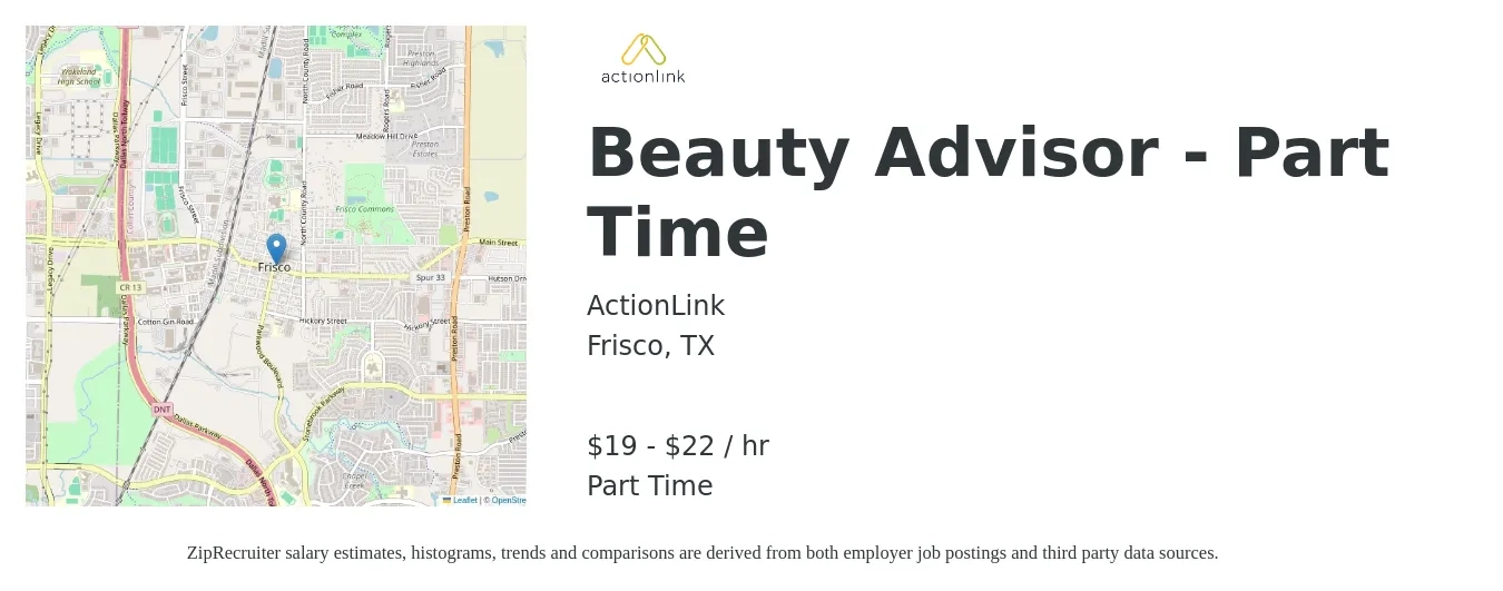 ActionLink job posting for a Beauty Advisor - Part Time in Frisco, TX with a salary of $20 to $23 Hourly with a map of Frisco location.