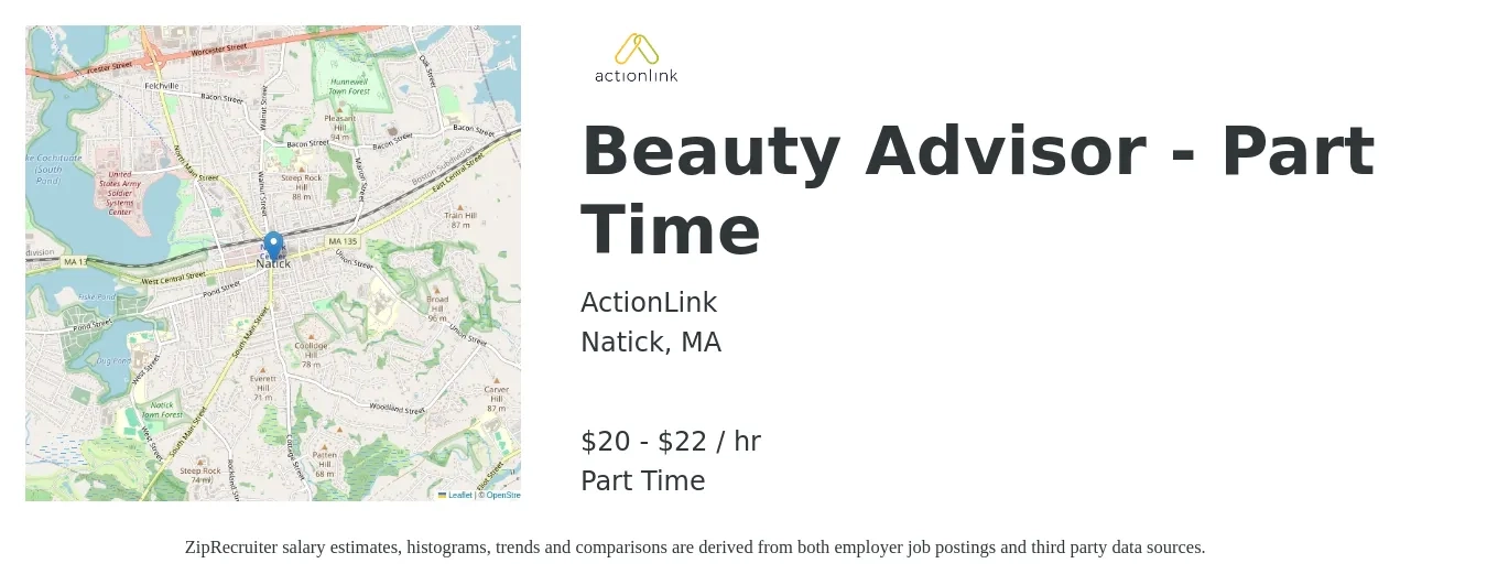 ActionLink job posting for a Beauty Advisor - Part Time in Natick, MA with a salary of $20 to $23 Hourly with a map of Natick location.