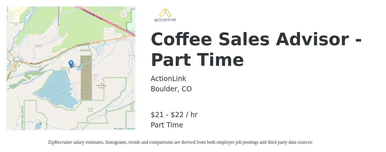 ActionLink job posting for a Coffee Sales Advisor - Part Time in Boulder, CO with a salary of $22 to $23 Hourly with a map of Boulder location.